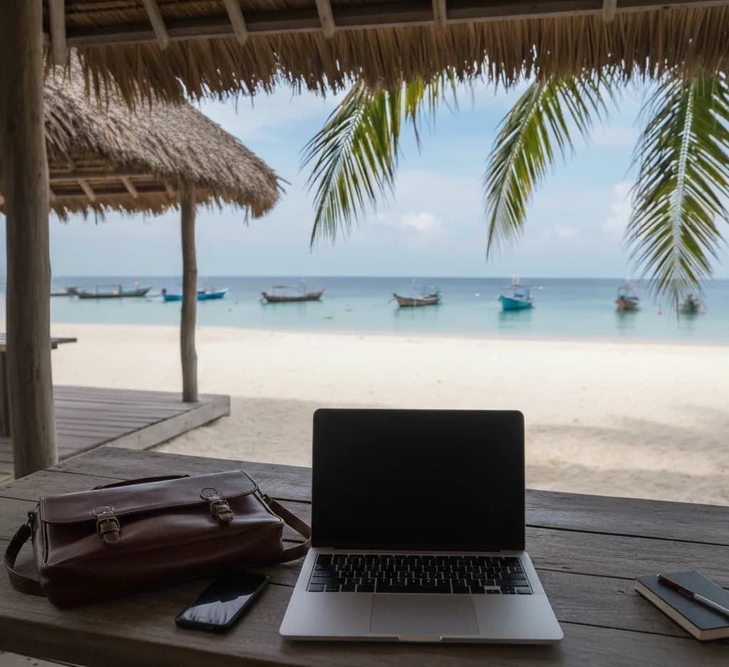 Conceito de atendimento psicológico online com notebook em ambiente praiano ilustrando flexibilidade